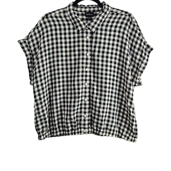 🏆Who What Wear Gingham Short Sleeve Button Black & White Cotton Crop Top - Picture 1 of 5